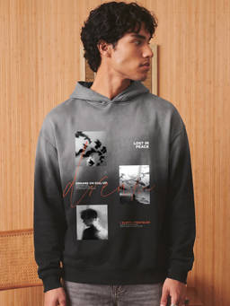 Bewakoof - Men Black Graphic Printed Ombre Oversized Hoodie