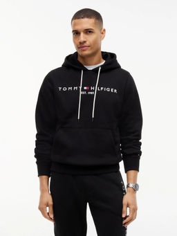 Tommy Hilfiger - Black Embroidered Logo Regular Fit Cotton Hoodie