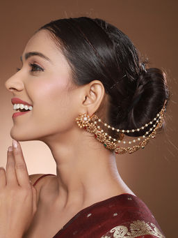 Saraf RS Jewellery - Gold Multi Strand Layered Pearl Beaded Peacock Design Matil Ear Chain Earrings