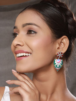 Saraf RS Jewellery - Oxidised Silver Toned Red and Green Handpainted Chandelier Minimal Earring