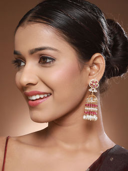 Saraf RS Jewellery - Gold Plated Red AD Studded Designer Floral Long Pearl Earrings