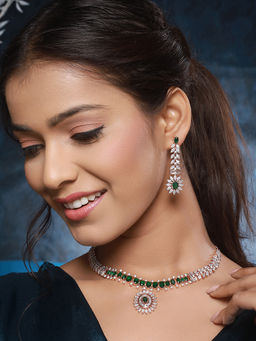 Saraf RS Jewellery - Rose Polish Green Emerald Studded Minimal Floral Pendant Necklace Jewellery Set