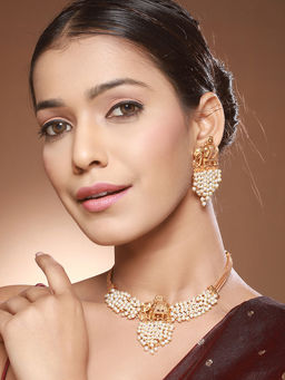 Saraf RS Jewellery - Gold Plated Elephant Motif Pearl Beaded Designer Earrings Necklace Jewellery Set