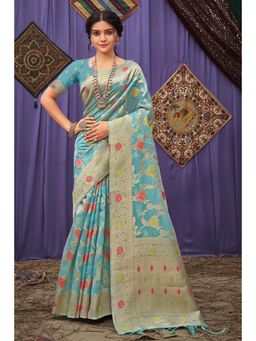 Sangam Prints - Sky Blue Organza Woven Zari Work Traditional Tassel Saree with Unstitched Blouse