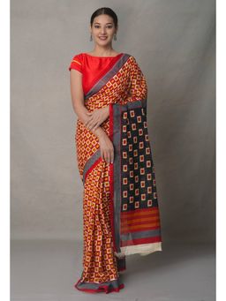 Unnati Silks - Red Pure Block Printed Cotton Saree with Unstitched Blouse