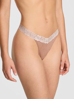 Victoria's Secret - Beige Cotton Lace-Trim Thong Panty