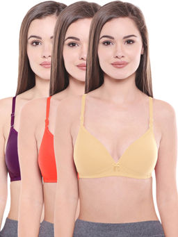 Bodycare - Lightly Padded Bra In Coral-Dark Purple-Skin Color (Pack of 3)