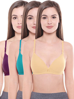Bodycare - Lightly Padded Bra In Dark Purple-Firozi-Skin Color (Pack of 3)