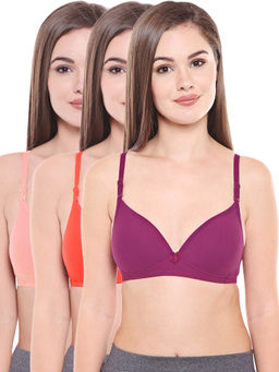 Bodycare - Lightly Padded Bra In Pink-Coral-Wine Color (Pack of 3)