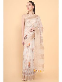Soch - Women Beige Chanderi Floral Saree with Unstitched Blouse