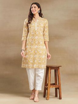 Fabindia - Mustard Cotton Hand Block Printed Knee Length Kurta