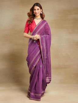 Fabindia - Purple Cotton Silk Embroidered Saree without Blouse