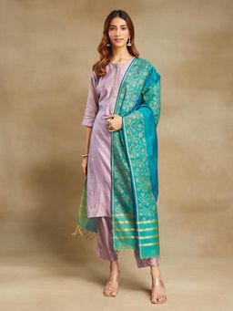 Fabindia - Teal Cotton Silk Blend Printed Dupatta