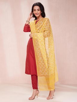 Fabindia - Mustard Cotton Silk Hand Block Printed Dupatta