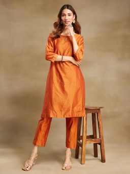 Fabindia - Rust Cotton Silk Printed Knee Length Kurta