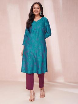 Fabindia - Blue Cotton Silk Hand Block Printed Slim Fit Kurta