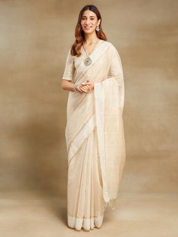 Fabindia - Cream Natural Cotton Silk Blend Maheshwari Saree without Blouse