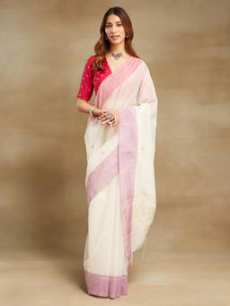 Fabindia - Pink Natural Cotton Silk Blend Chanderi Saree without Blouse