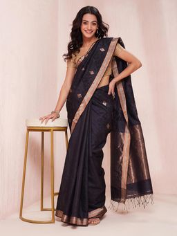 Fabindia - Black Silk Blend Woven Saree without Blouse
