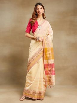 Fabindia - Beige Cotton Silk Blend Maheshwari Saree without Blouse