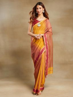 Fabindia - Mustard Cotton Silk Blend Maheshwari Saree without Blouse
