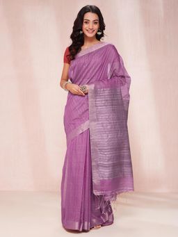 Fabindia - Purple Cotton Silk Blend Woven Saree without Blouse