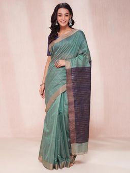 Fabindia - Green Cotton Silk Blend Woven Saree without Blouse
