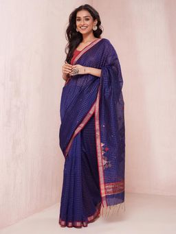 Fabindia - Blue Cotton Silk Blend Jamdani Saree without Blouse