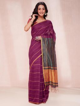 Fabindia - Purple Viscose Silk Blend Woven Saree without Blouse