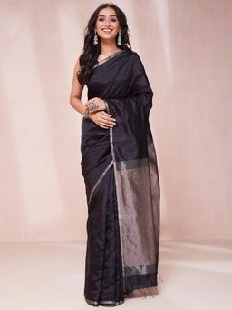 Fabindia - Black Silk Blend Woven Saree without Blouse