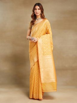 Fabindia - Mustard Cotton Silk Blend Woven Saree without Blouse