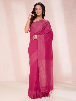 Fabindia - Pink Cotton Blend Woven Saree without Blouse