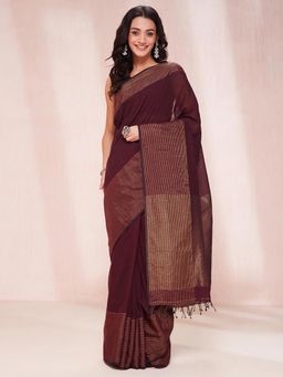 Fabindia - Wine Cotton Blend Woven Saree without Blouse