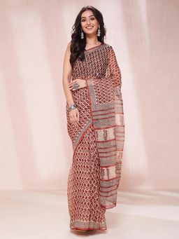 Fabindia - Beige Cotton Silk Bagru Printed Saree without Blouse