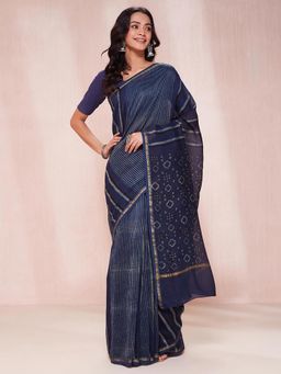 Fabindia - Blue Cotton Silk Blend Dabu Printed Saree without Blouse