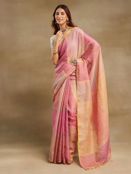Fabindia - Pink Linen Hand Woven Saree without Blouse