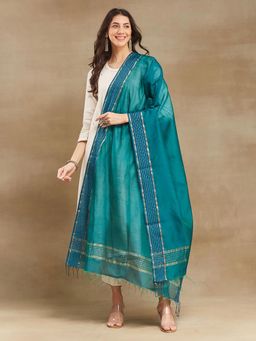 Fabindia - Teal Cotton Silk Blend Maheshwari Dupatta