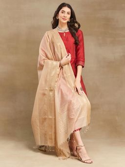 Fabindia - Beige Cotton Silk Blend Maheshwari Dupatta