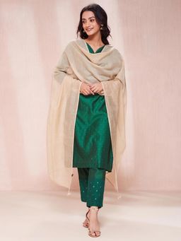 Fabindia - Beige Cotton Silk Embroidered Dupatta