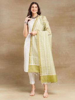 Fabindia - Green Cotton Silk Blend Printed Dupatta