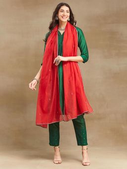 Fabindia - Red Cotton Silk Embroidered Dupatta