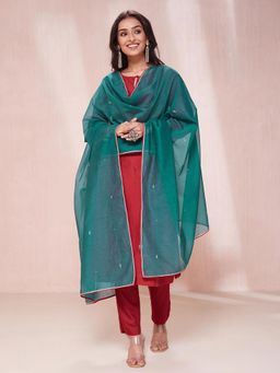 Fabindia - Teal Cotton Silk Embroidered Dupatta