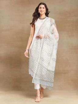 Fabindia - White Cotton Silk Printed Dupatta