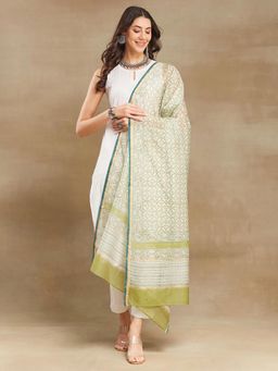 Fabindia - Green Cotton Silk Blend Printed Dupatta
