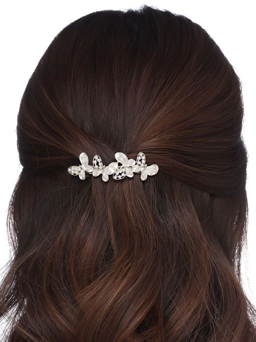 Yellow Chimes White and Gold-Toned Pearl Butterfly Designed French Barrette Hairclips