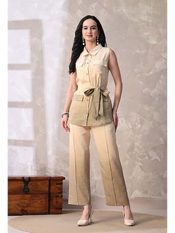 KIZA - Beige Tie and Dye Linen Cotton Sleeveless Co-Ord Set