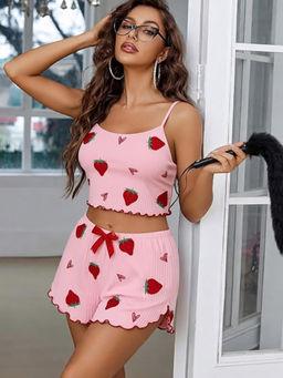 XIVIR - Pink Strawberry Print Ribbed Crop Top and Shorts