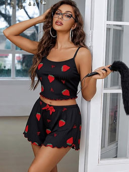 XIVIR - Black Strawberry Print Ribbed Crop Top and Shorts
