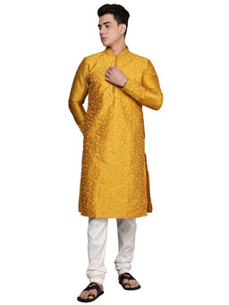 Manyavar - Mens Blended Viscose Floral Embroidered Kurta Churidar (Gold) (Set of 2)
