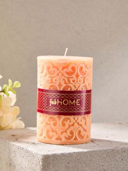 Fabindia - Orange Wax Pillar Embossed Candle